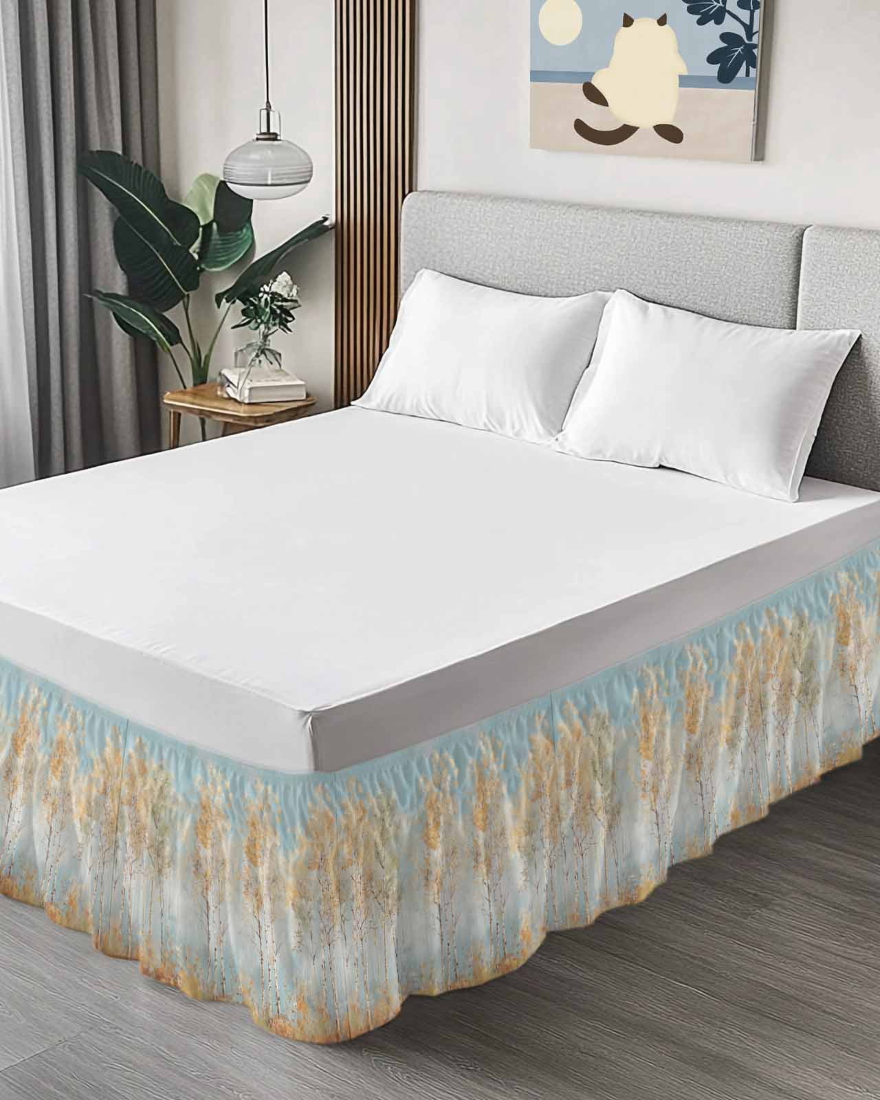 Orange Blue Vintage Wrap Around Bed Skirts for Queen Bed 16" Drop,Bed Skirt with Adjustable Elastic Belt Dust Ruffle Bed Valance for Bedroom Hotel Modern Abstract Art Oil Paiting Bed Frame Cover