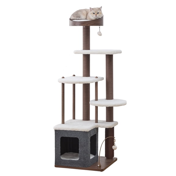 Catry® Trinity 5-Level Cat Tree with Washable Beds, Recycled Paper Scratchers, Toys, Massager & Laminated Wood, Gray