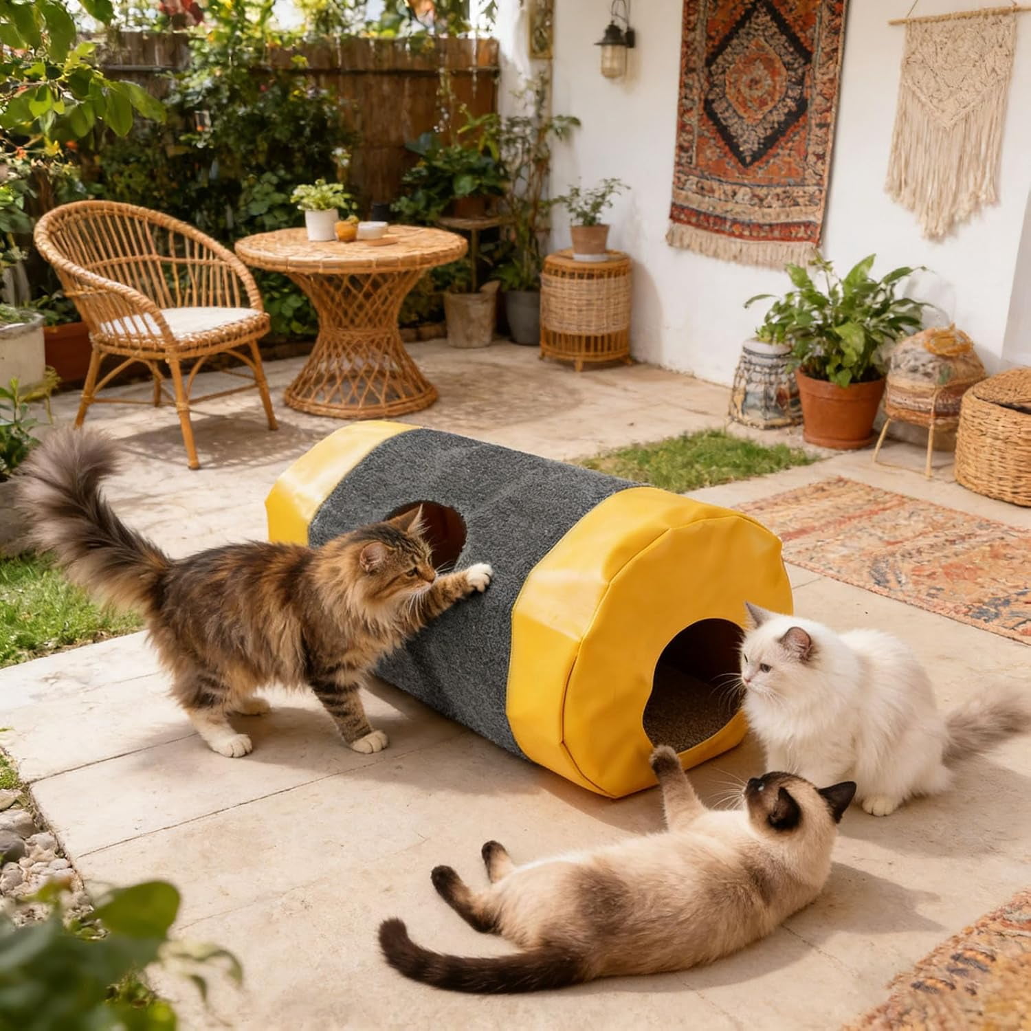 Foldable Cat Tunnel Bag, Interactive Pet Play Mat & Activity Center, Polyester & Leather Fabric Cat Toy with Storage for Indoor Cats (Yellow)