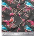 thumbnail image 1 of Soimoi Gray Poly Georgette Fabric Red Berries & Bulbul Bird Decor Fabric Printed Yard 52 Inch Wide, 1 of 3
