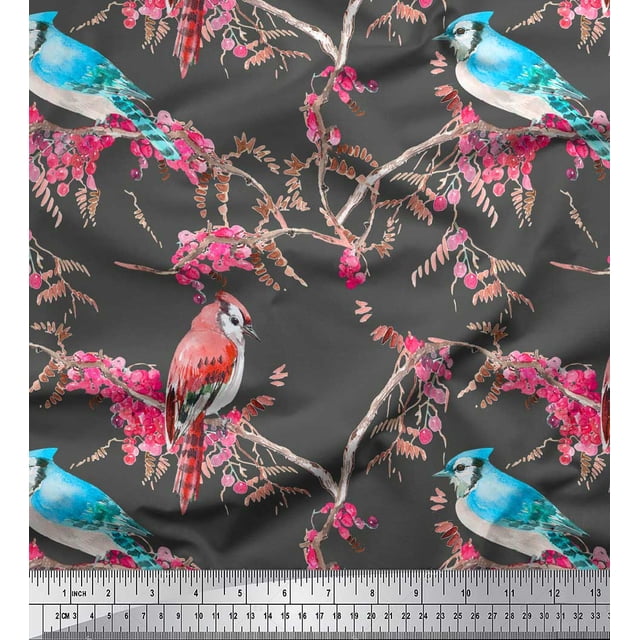 Soimoi Gray Poly Georgette Fabric Red Berries & Bulbul Bird Decor Fabric Printed Yard 52 Inch Wide