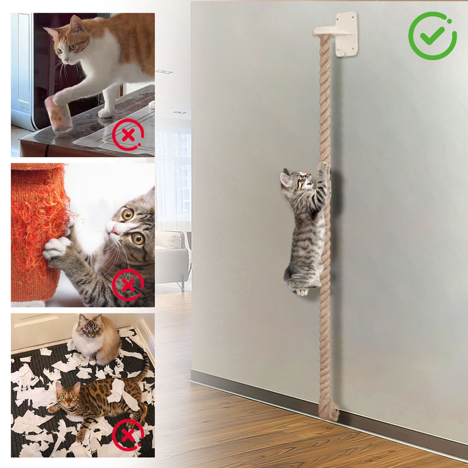 Wall Mounted Cat Climbing Rope & Ladder, Extra Wide Base Sisal Jute Rope Toy for Large Cats, Ceiling Mounted Kitten Scratching Pole for Indoor Outdoor Play, Jumping, Exercise, and Resting Perch