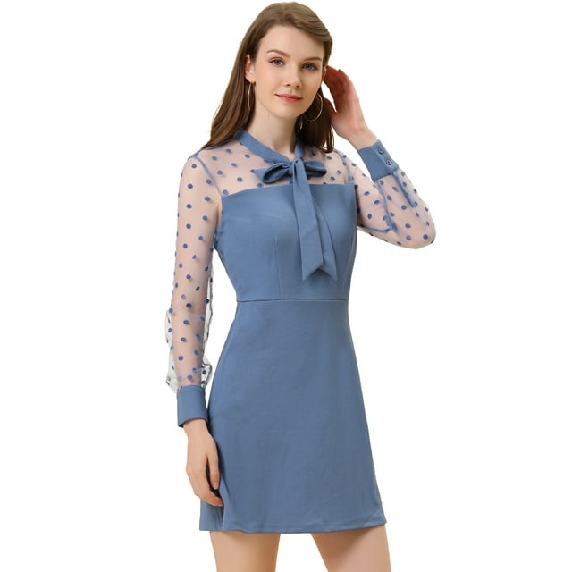 Unique Bargains Élégant Cravate Partie Maille Panneau Transparent Points une-Ligne Mini Robe de Femmes