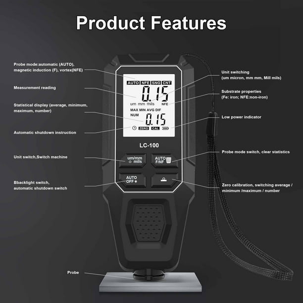 Medidor de espesor de pintura, herramienta para medir revestimiento de automóviles, detección automática, pantalla digital, probador para paneles de Negro