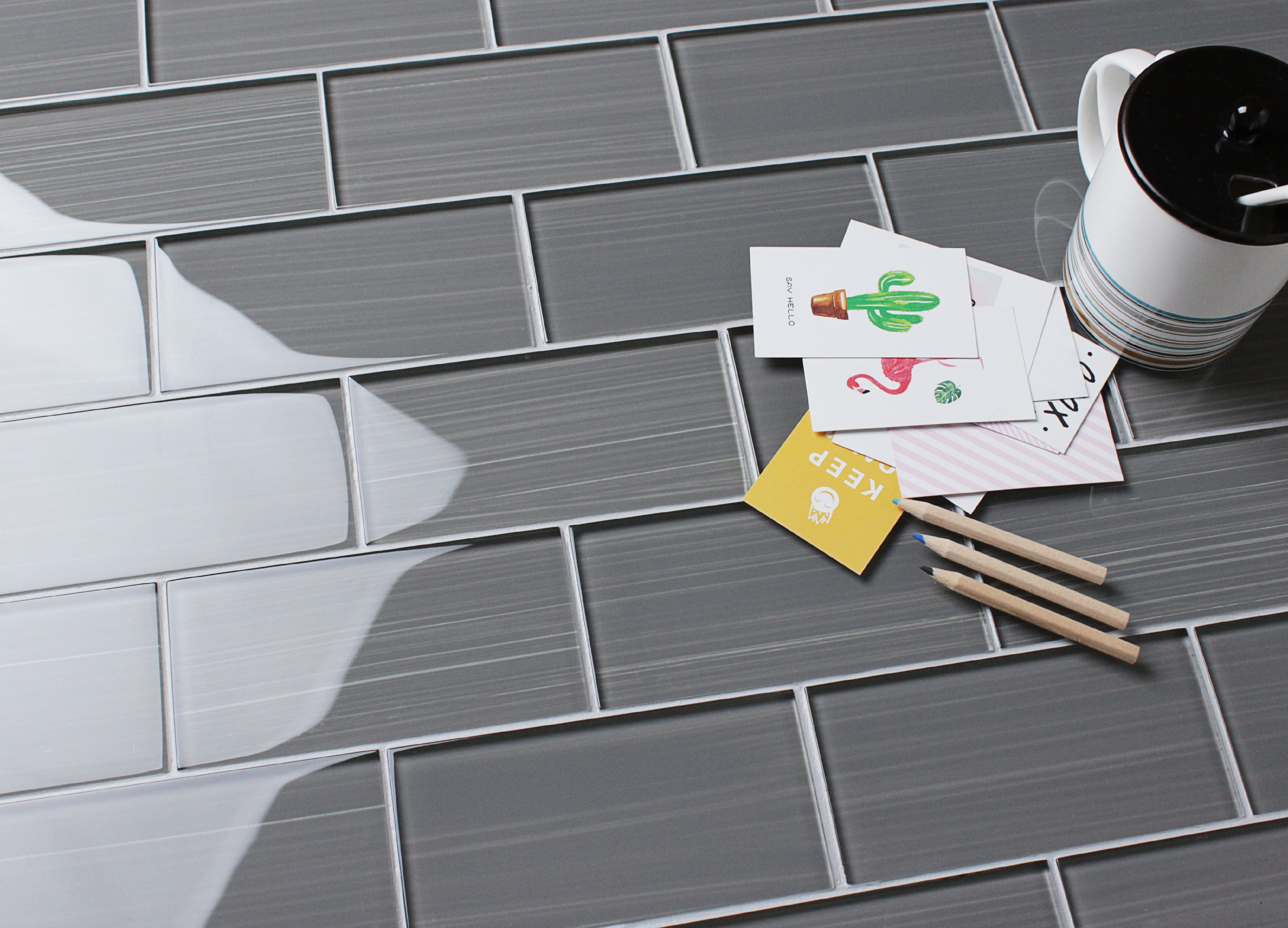 WS Tiles - Hand Painted Dark Gray 3 in. x 6 in. Glass Subway 12 in. x 12 in. Mesh-Backed Wall Tile (5 sq. ft. / Case)