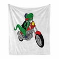 thumbnail image 1 of Dinosaur Bicycle Soft Flannel Fleece Blanket, Funny Cartoonish Illustration of a T-rex Riding a Motorcycle Print, Cozy Plush for Indoor and Outdoor Use, 50" x 60", Green Multicolor, by Ambesonne, 1 of 5