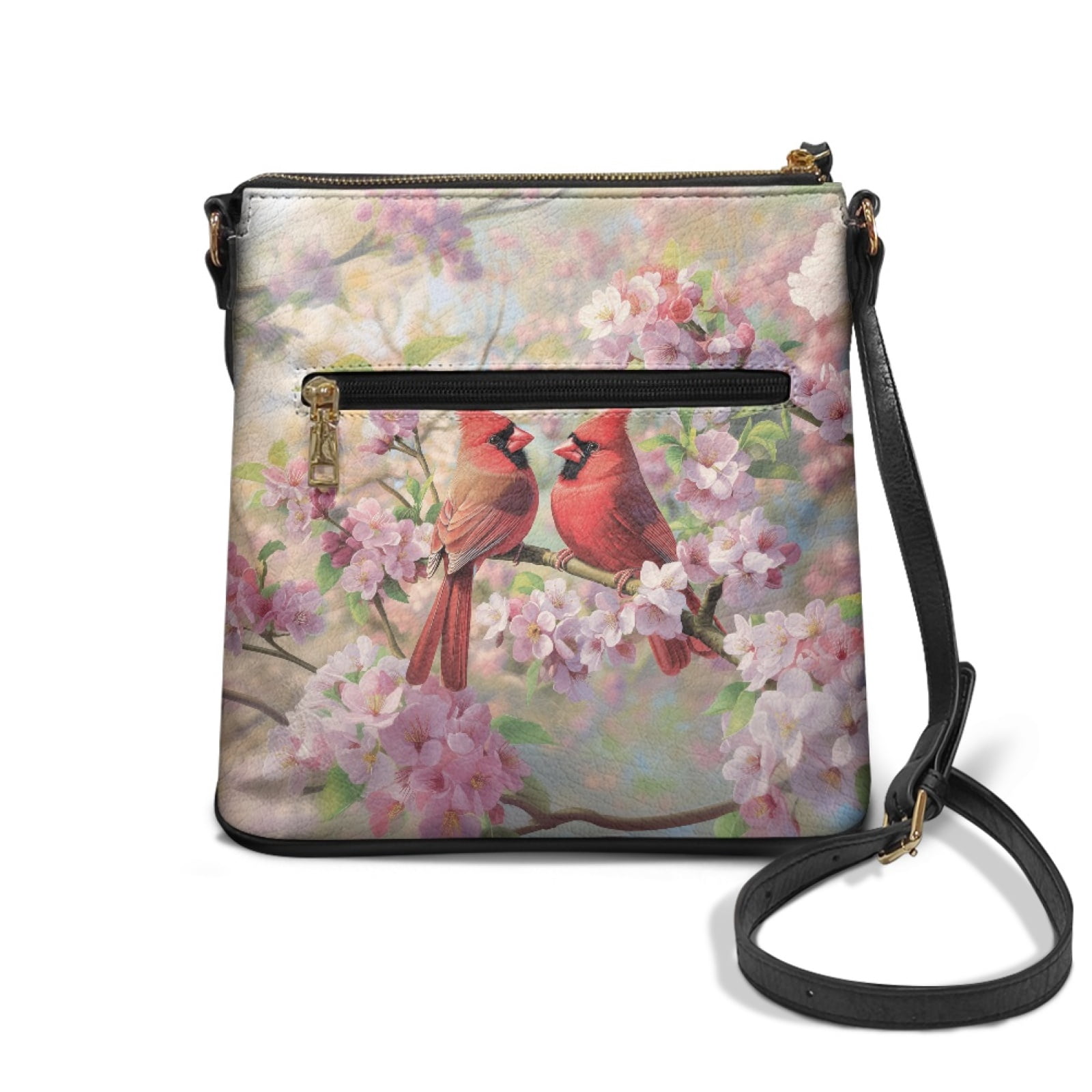 ZUXONGSY Cardinal Cherry Blossom Print Leather Crossbody Bags for Women Lightweight Travel Bag purpose Shoulder Purse Bag Messenger Bag with Adjustable Strap for Working Dating