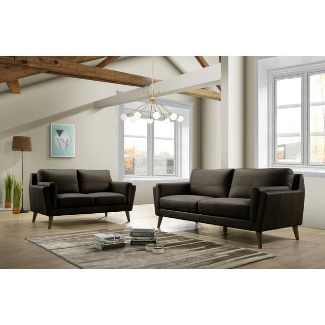 Haldeman Top Grain Leather Modern Sofa & Loveseat Set, Chocolate