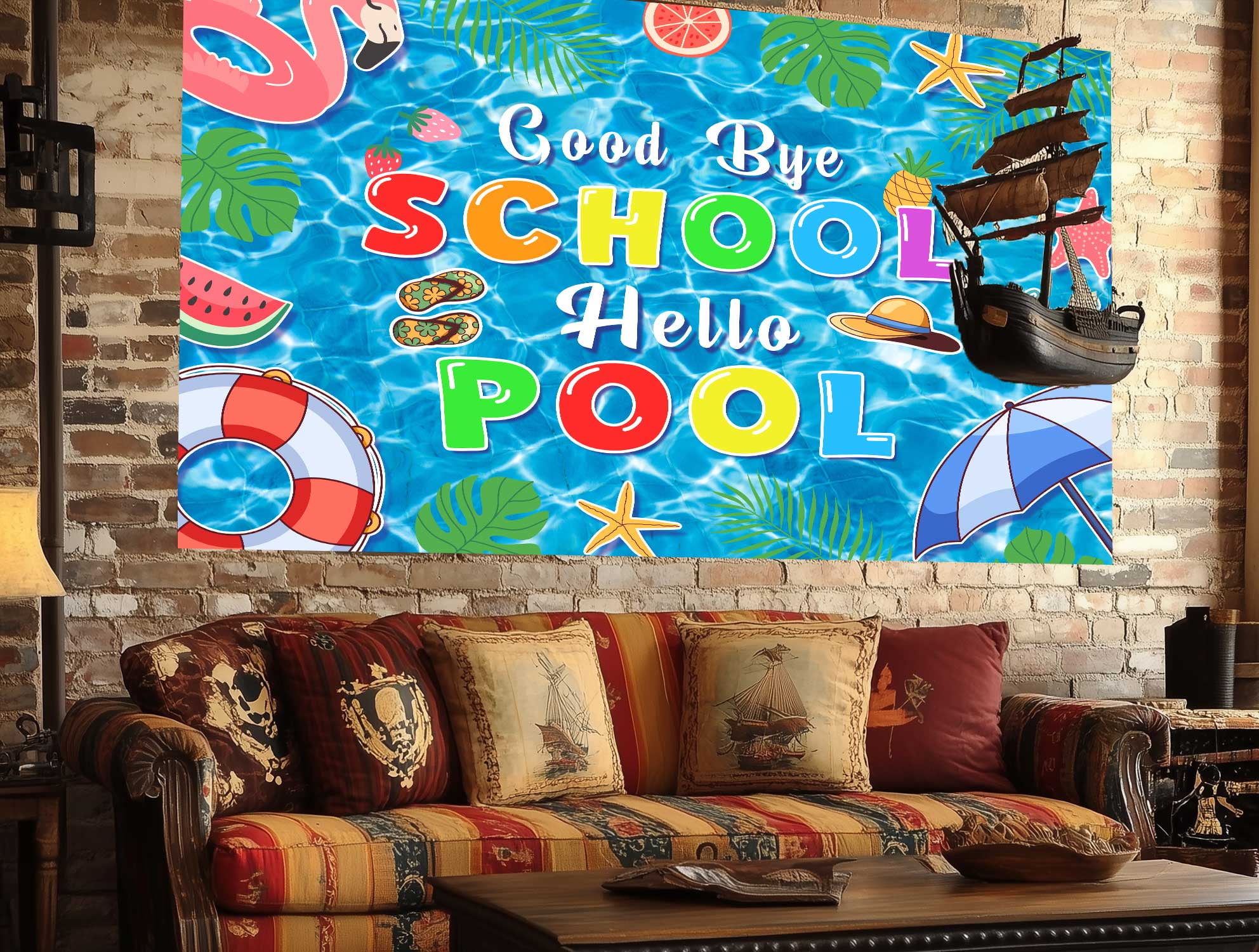 5X3ft Goodbye School Hello Pool Party Backdrop Pool Tropical Photography Background Seasonal Summer Backdrop for Indoor Outdoor Garden Themed Party Supplies Home Decorations