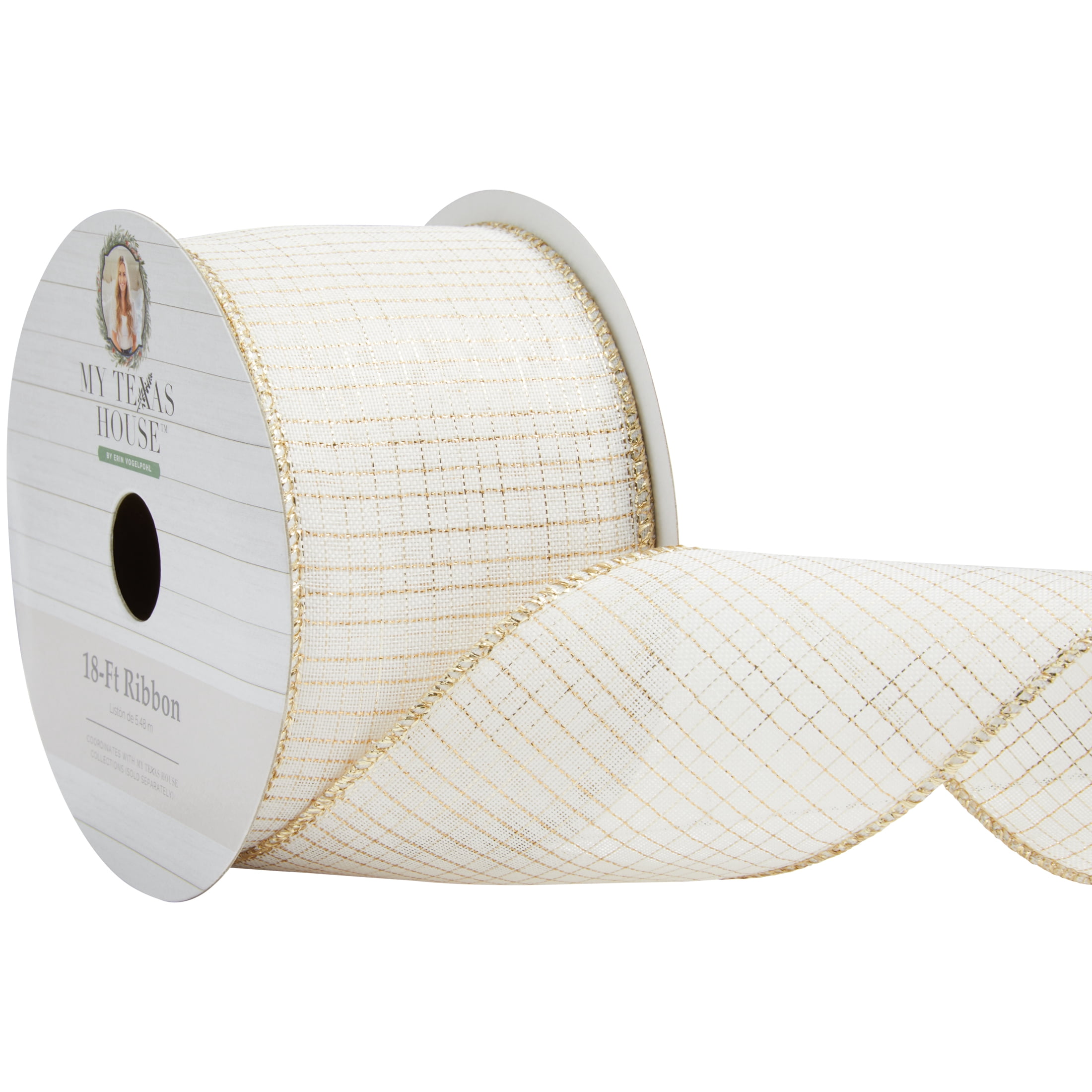 My Texas House White and Gold Plaid Ribbon, 18 ft