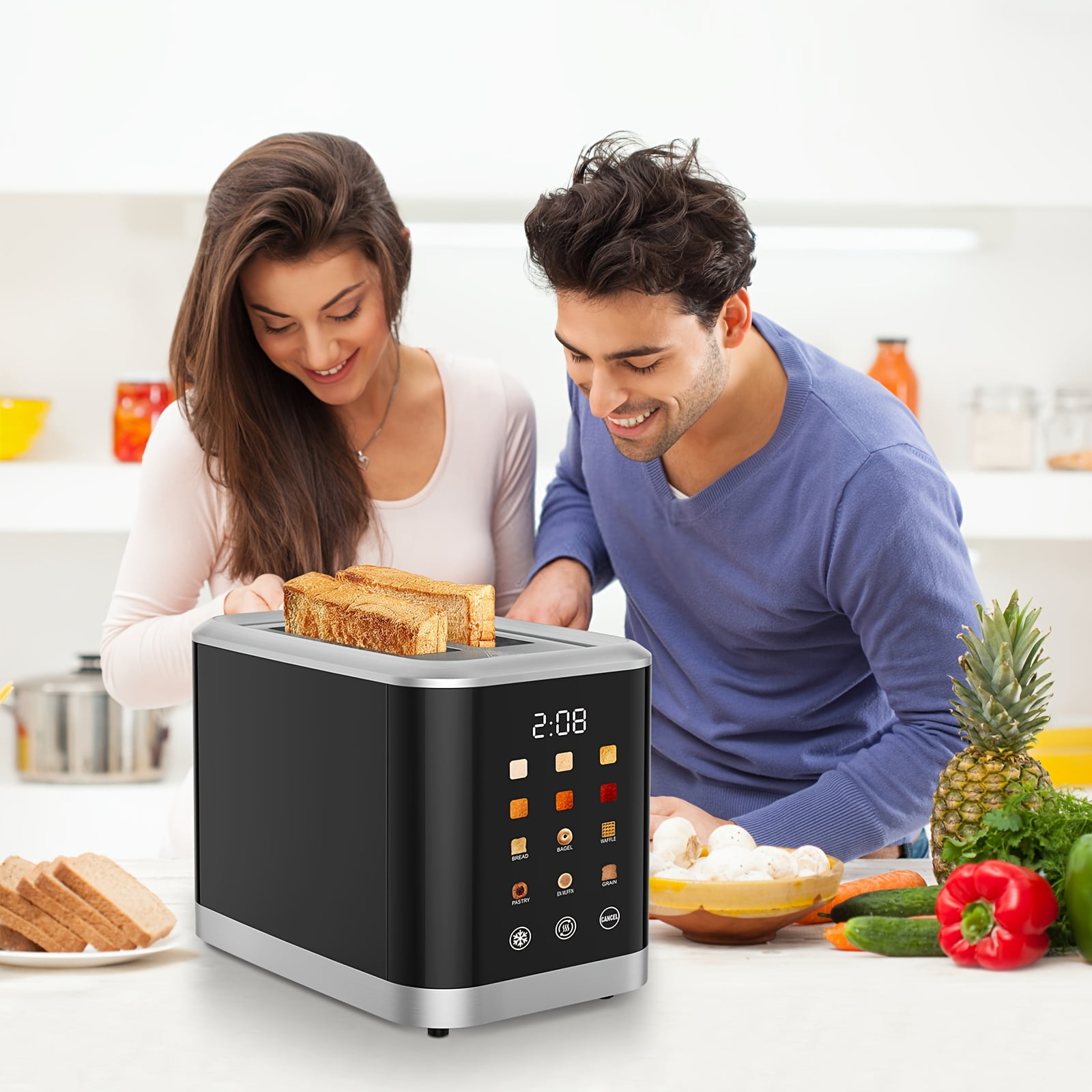 2 Slice Touch Screen Toaster | 1.5 Inch Wide Slot for Bread, English Muffins, Croissants, Bagels | 5 Adjustable Toast Settings, Cancel and Defrost, Supports 6 Bread Types and Shade Settings