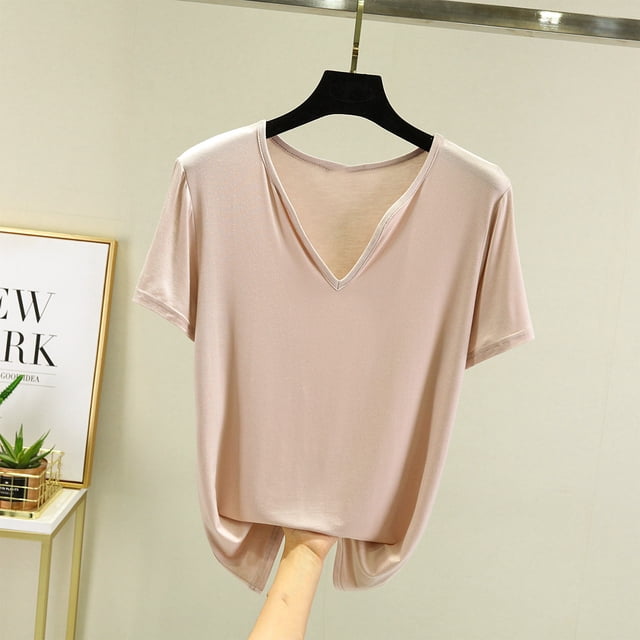 Fiudx Ofertas Flash Del Día Camiseta Holgada de Manga Corta de Color Sólido Informal con Cuello En V para Mujer Top/Camisa de Manga Corta con Cuello En V