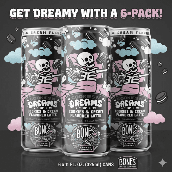 Bones Coffee Company Cookies N’ Dreams Latte Cold Brew, 11 fl oz Can, Pack of 6 – Made with Real Cow’s Milk