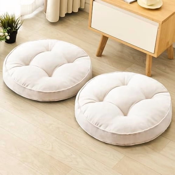 Floor Pillow Set of 2, Memory Foam Floor Cushions for Adults, Large Meditation Pillow for Sitting, 22 x 22 Inches (Round | Beige)