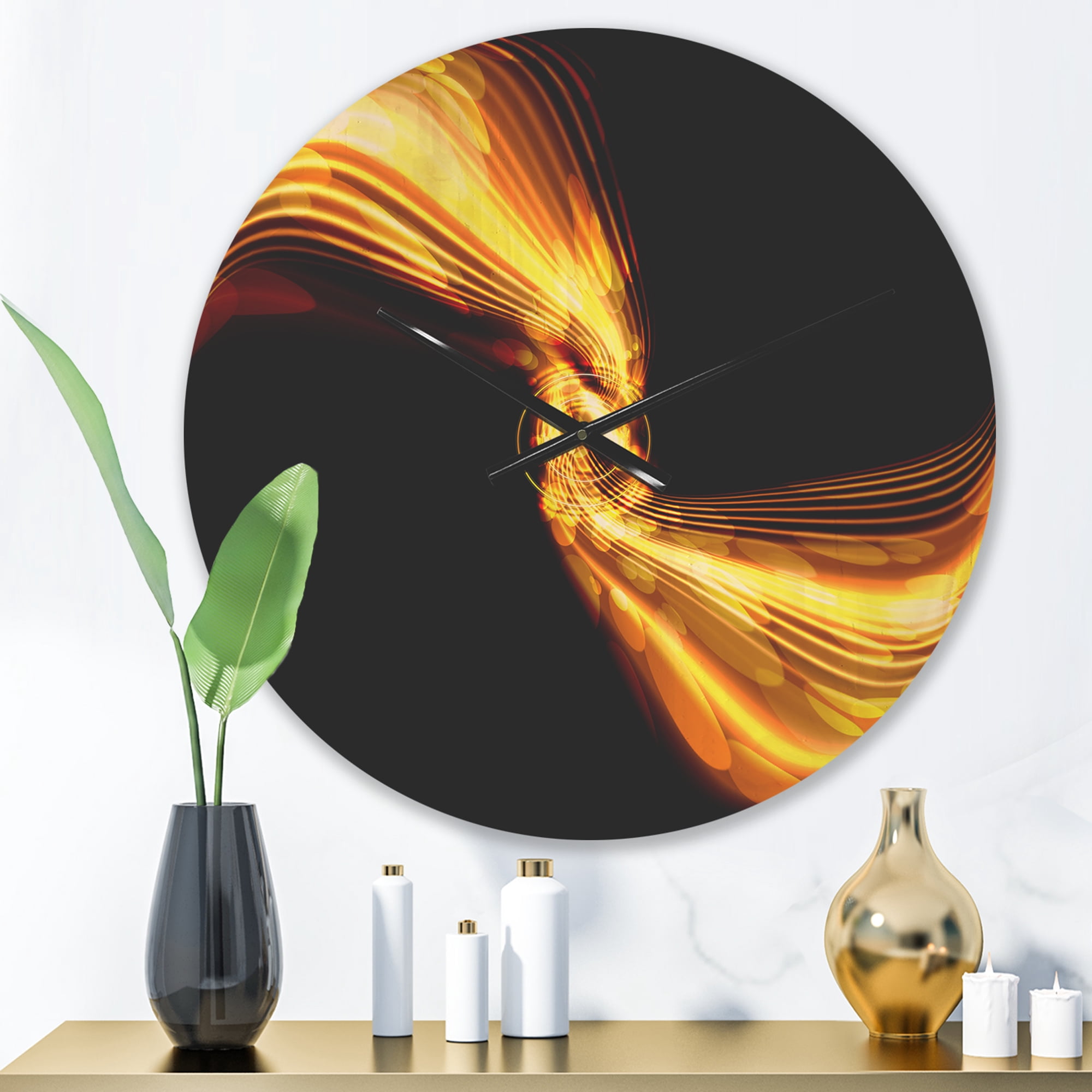 Designart 'Glowing Circles and Golden Lines' Modern Wood Wall Clock