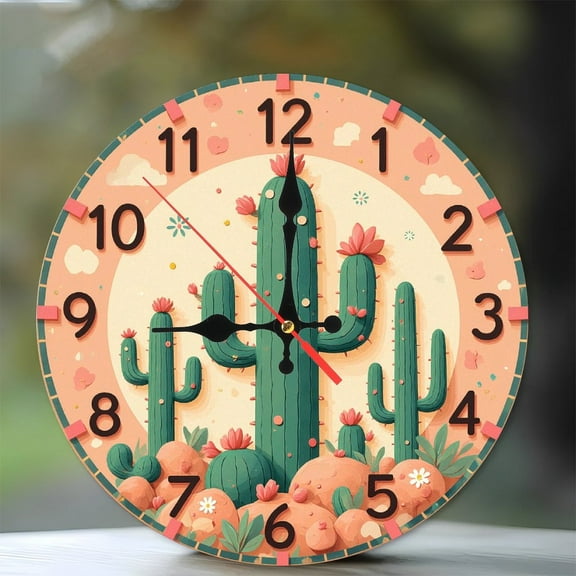 Cactus Clock Wall Decor Home Decor 10-Inch Silent Wooden Wall Clock, Battery Operated (AA Batteries Not Included), Artistic Home Decor