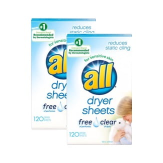 (2 Pack) all Fabric Softener Dryer Sheets Free Clear for Sensitive Skin, 120 (Best Fabric Softener Sheets)