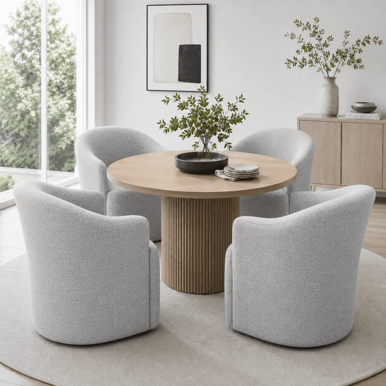 Aenkyo Dining Chair with Casters, Upholstered Barrel Back Rolling Accent Chair, Feather Gray