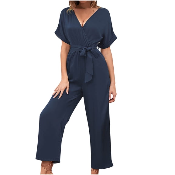 Women Short Sleeve Bandage Solid Casual V Neck Loose Wide Leg Overalls Jumpsuit Lady Baggy Rompers Overalls Female Dungarees Romper Playsuit