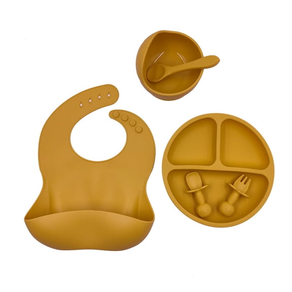 YongCo 6 Pcs Baby Silicone Bib Divided Dinner Plate Suction Bowl Spoon Fork Set Training Feeding Food Utensil Dishes Tableware