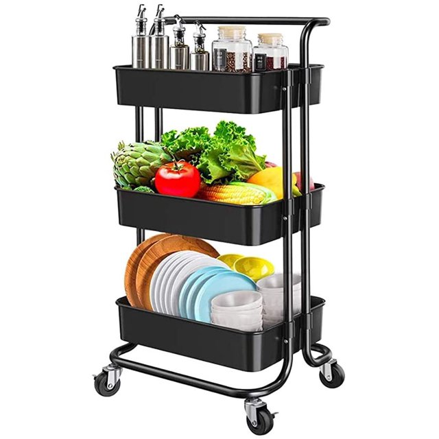3-Tier Rolling Utility Cart with Handle, Kitchen Storage Cart Rolling Cart Makeup Cart Mobile Storage Organizer, with Roller, Wheels, for Kitchen, Bathroom, Office, Coffee Bar, Teachers