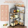 thumbnail image 3 of L-Shaped Bakers Rack with Storage, 4 Tiers Microwave Stand with Shelves & 9 Hooks, Small Coffee Bar for Corner, Freestanding Kitchen Appliance Organizer for Spices, Pots, Rustic Brown, 3 of 9