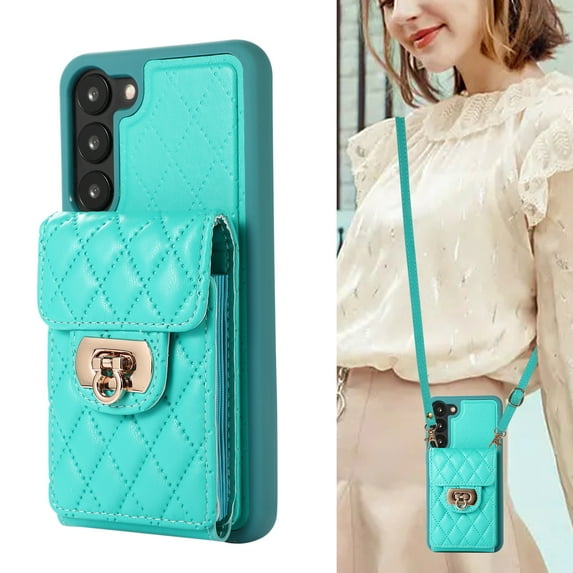 ELEHOLD for Samsung Galaxy S22 Wallet Case with Card Holder, PU Leather Shockproof Crossbody Case with Metal Snap Adjustable Strap Lanyard Compatible with Samsung Galaxy S22,Green