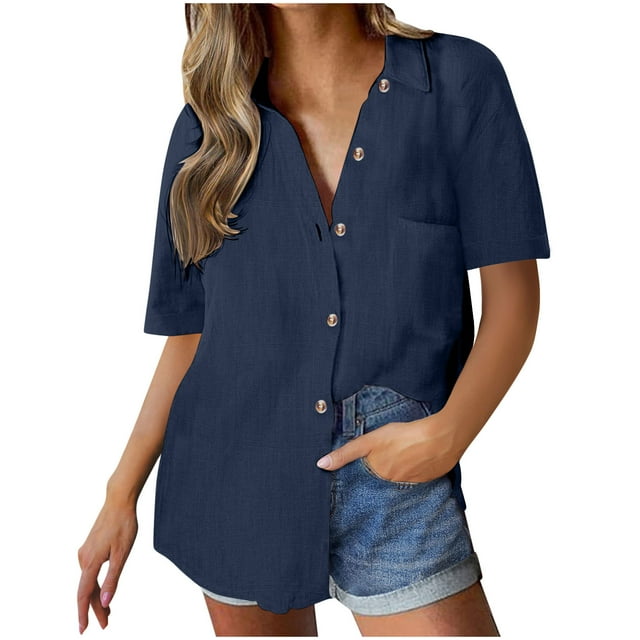 Annhoo Summer Tops for Women Button down Short Sleeve Shirts with Pocket Loose Fitted Collared Basic Blouses