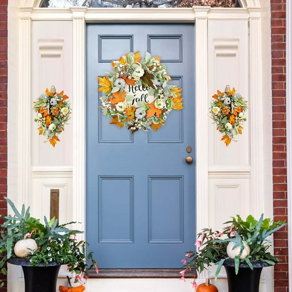 Marryso 18 Inch Hello Fall Wreath for Front Door with Pumpkins and Maple Leaves - Outdoor Autumn Thanksgiving Decor Pumpkin Wreath