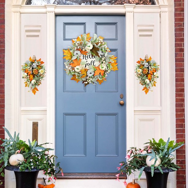 Guirnaldas de otoño, flores artificiales, coronas, adornos colgantes, coronas de calabaza, hojas de arce, girasoles, coronas, fiestas navideñas, decoración de puerta de entrada, coronas para exteriore