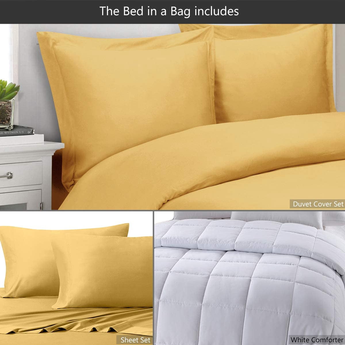 Sheetsnthings 8pc Bed in a Bag Set: Queen Size, Viscose from Bamboo, Solid Gold (Sheet Set & Duvet Cover Set) + White Down Alternative Comforter