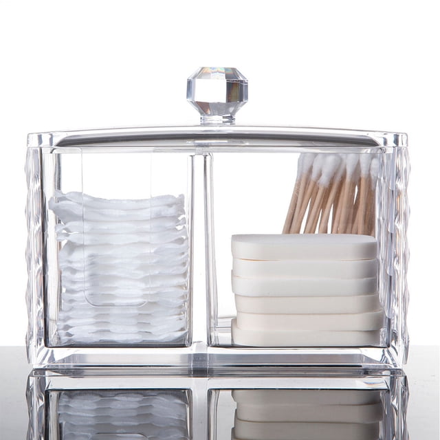 Organizador de maquillaje con soporte para almohadillas de algodón y recipientes para guardar hisopos con patrón acrílico transparente