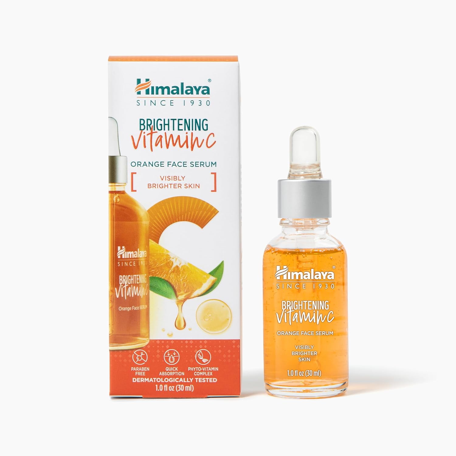 Himalaya Brightening Vitamin C Orange Face Serum, with Niacinamide, Hyaluronic Acid & Tangerine Peel Extract for Visibly Enhanced Luminosity and Brighter Skin, Lightweight Formula, 1.0 fl oz (30 mL)