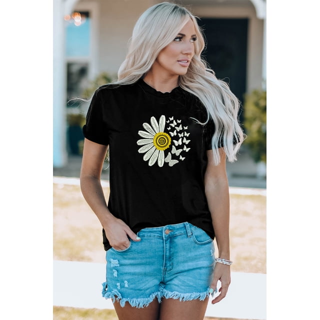 ABPHQTO Camiseta de manga corta con bordado de margaritas y mariposas negras para mujer