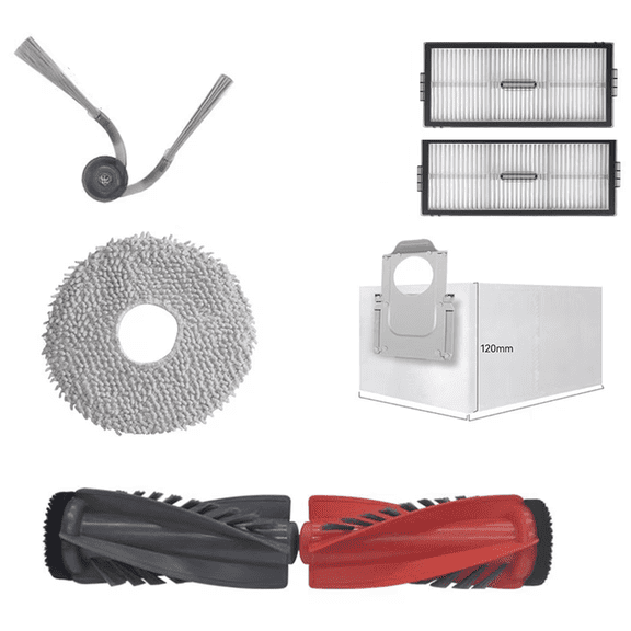 6 Pack Replacement Parts for Roborock Qrevo Curv/P20 Pro Vacuum Cleaner  1 Set Main BrushN  1 HEPA Filter  1Mop Pad  1 Dust Bag  1 Side Brush 1 Cleaning Brush