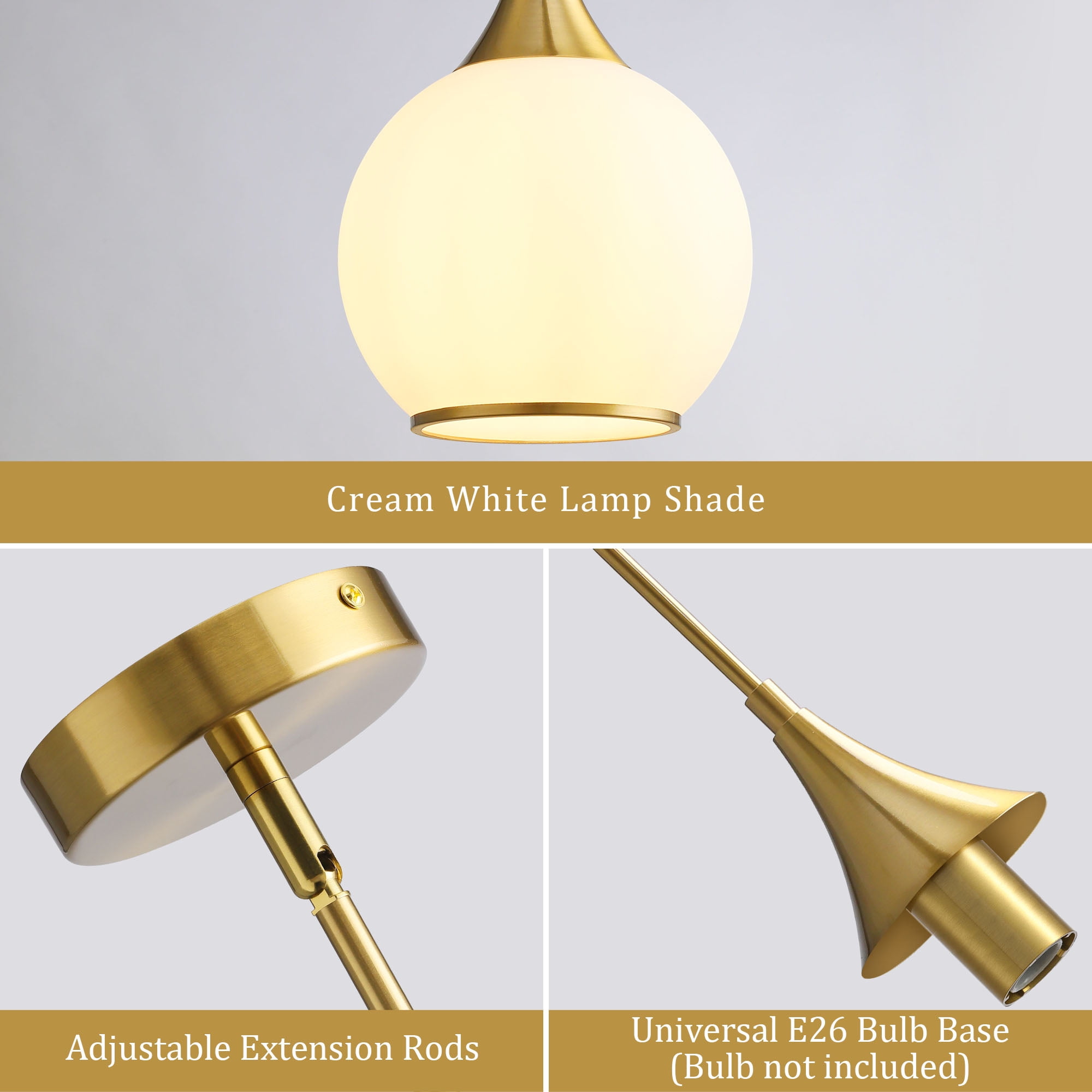 Modern Pendant Light Fixture Dimmable Kitchen Island Hanging Gold Ceiling Lights with White Glass lampshade