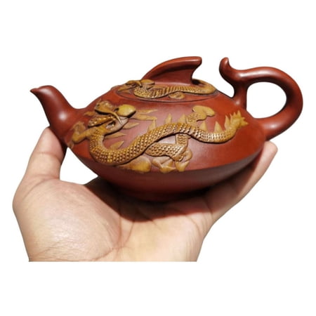 Chinese Yixing Zisha Clay Teapot Ornament Exquisite Dragon Carved Embossed Relief Textured Flat Domed Wing Curved Flying