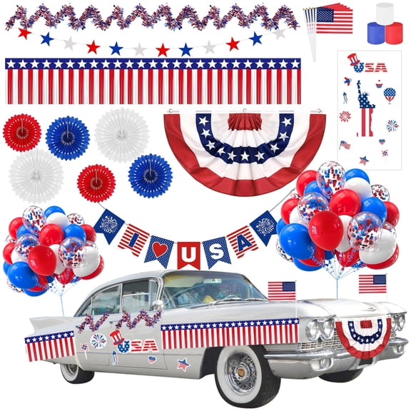 Tumao 35Pcs 4th of July Parade Car Decoration Kit, Patriotic Parade Golf Cart Decor, Pleated Fan Flag, Foil Fringe Garland, Tinsel Garland for Independence Day Memorial Day and Veterans Day