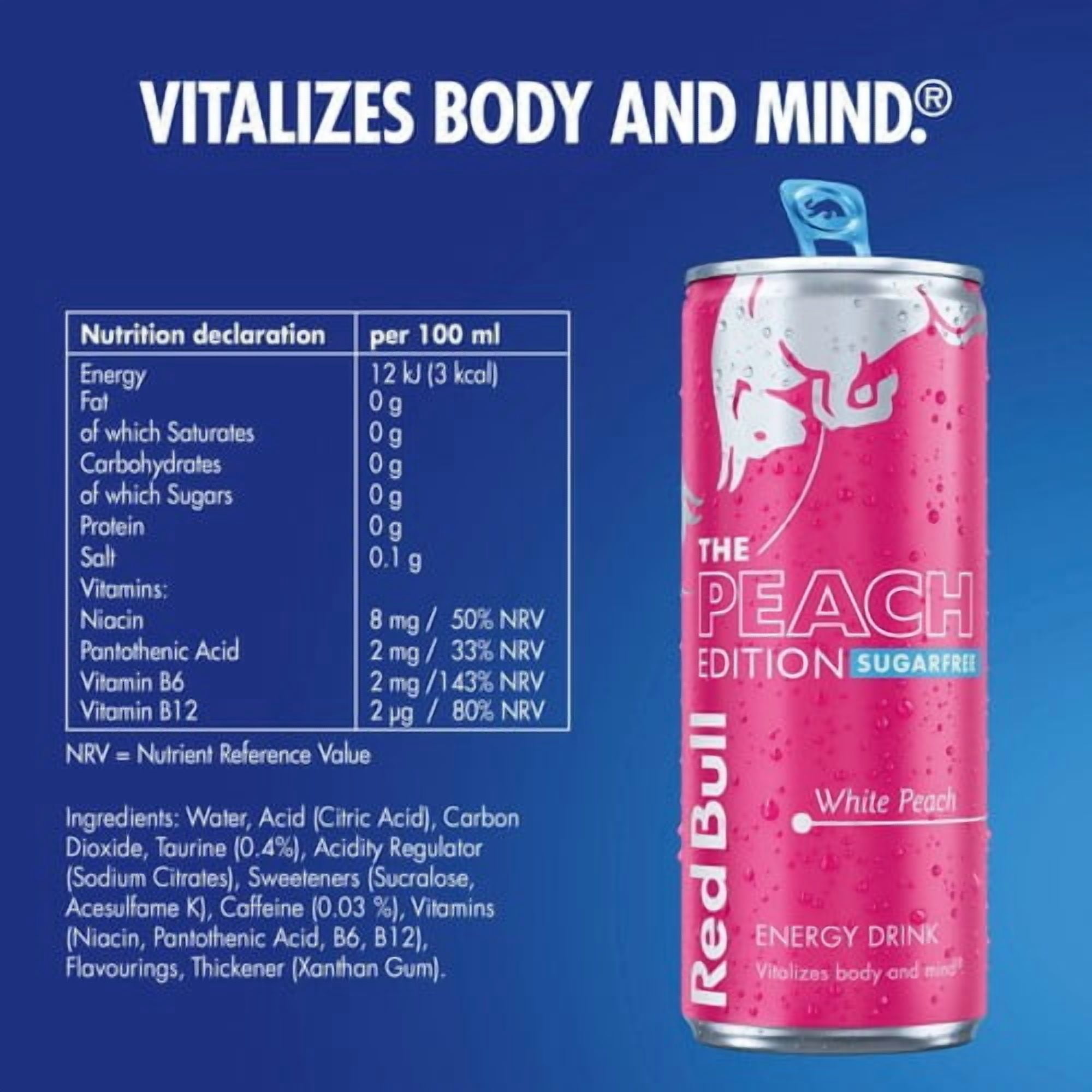 Red Bull Energy Drink Sugar Free Peach Edition White Peach 4 x 250ml, British Import (Pack of 2)