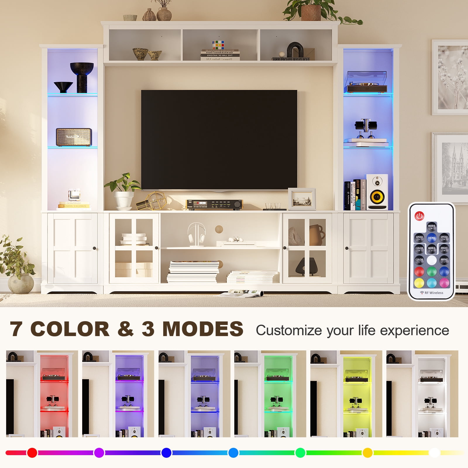 MEISSALIVVE 4 Piece Wall Unit TV Stand with LED Lights, Modern Entertainment Center with Bookshelf, Wine Cabinet, Display Storage, Fits 70" TVs, White