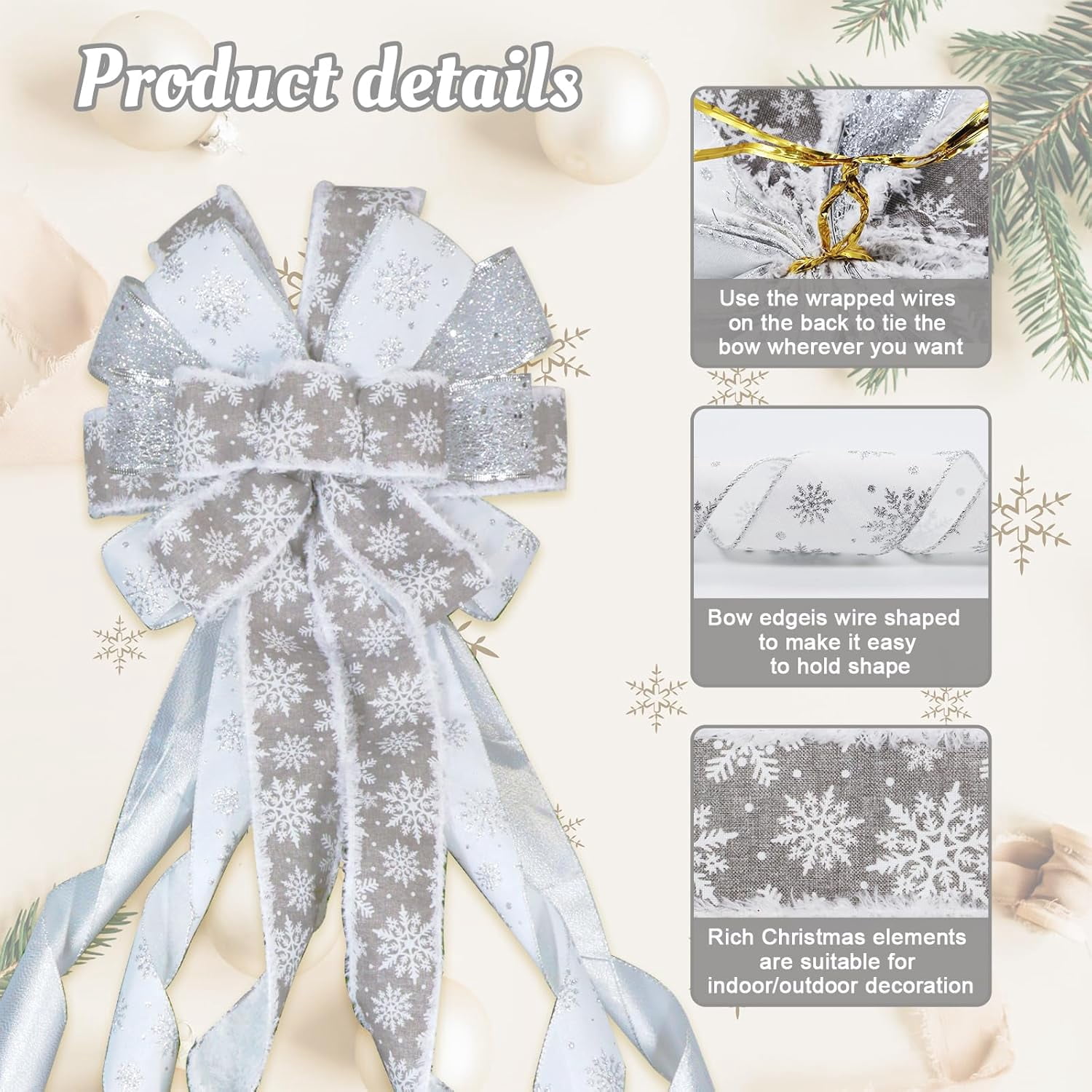 Large Christmas Tree Topper Bow 52x13 Inch, Pre-Tied Wired Ribbon Wreath Bows, Xmas Ornaments with Long Wired Edge Streamer for Holiday Thanksgiving Indoor Outdoor Party Decoration (Silver)