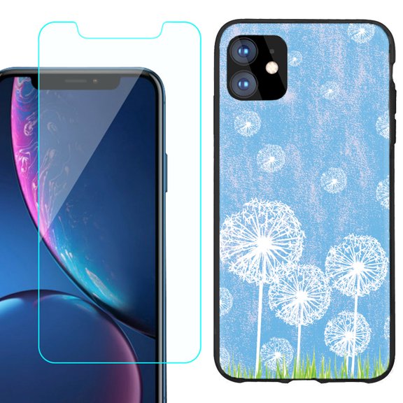 For Apple iPhone 11 Phone Case , Slim-Fit TPU Protective Case (Black), with Tempered Glass Screen Protector, by OneToughShield ® - Dandelion Sky