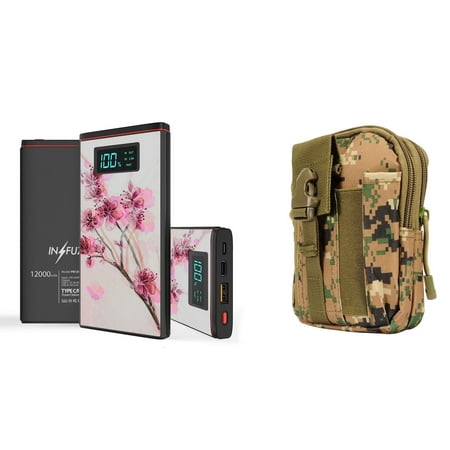 Cherry Mobile Organizer INFUZE Slim Pocket 12000mAh Portable Charger Dual (USB-A, USB-C) 18W QC 3.0 Power Bank (Cherry Blossom), Tactical Organizer Pouch (Jungle Pixel Camo) for Samsung Galaxy J3 (J3 V 3rd Gen, Star, Orbit) ()