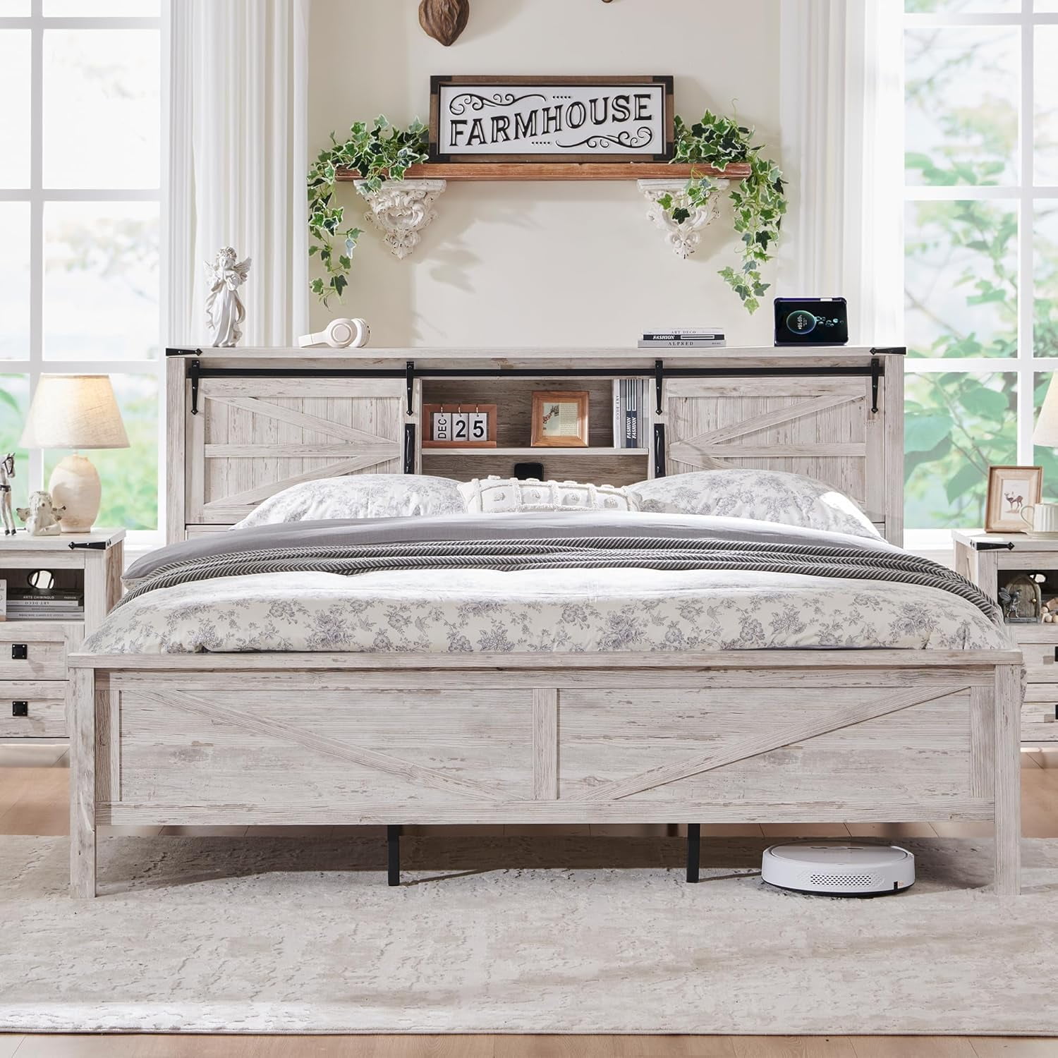 OKD Modern Farmhouse King Platform Bed with Bookcase Headboard Storage and Charging Station, No Box Spring Needed, Antique Brush White