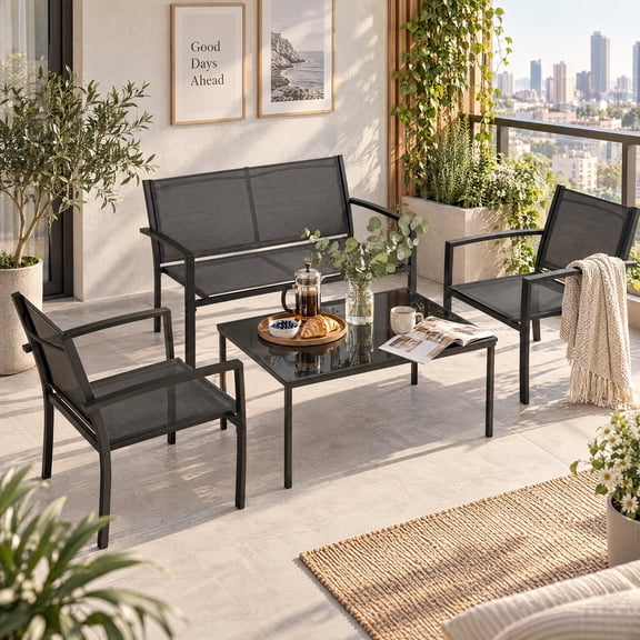 LACOO 4 Pieces Outdoor Furniture Set Patio Textilene Steel Conversation Set with Loveseat Tea Table for Lawn and Balcony, Brown