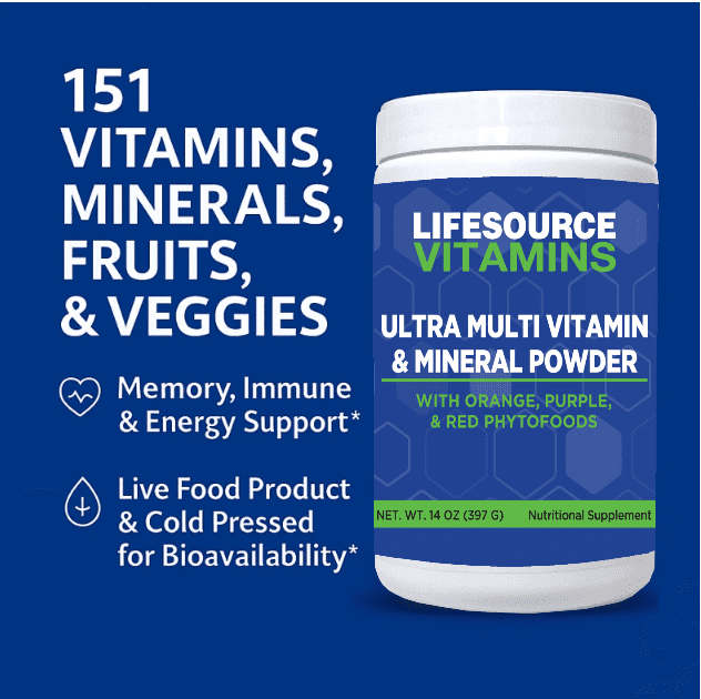 LifeSource Vitamins Ultra Mineral & Multivitamin Powder with Phytos – Naturally Flavored Vitamin Powder for Immune Support - 14 oz