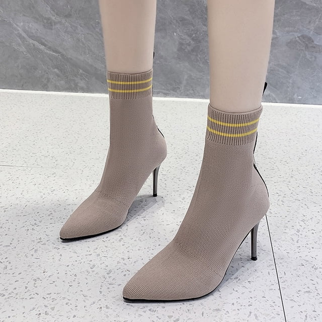 Bottes Courtes de Mode pour Femmes à Bout Pointu, Respirantes, à Talons Hauts, en Tricot, à Manches