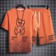 thumbnail image 3 of Conjunto de chándal y pantalones cortos para hombre, chándal con capucha y estampado de gofres en negro, dos piezas, camiseta y pantalones cortos, estilo coreano 2024, atuendo elegante, 3 of 5