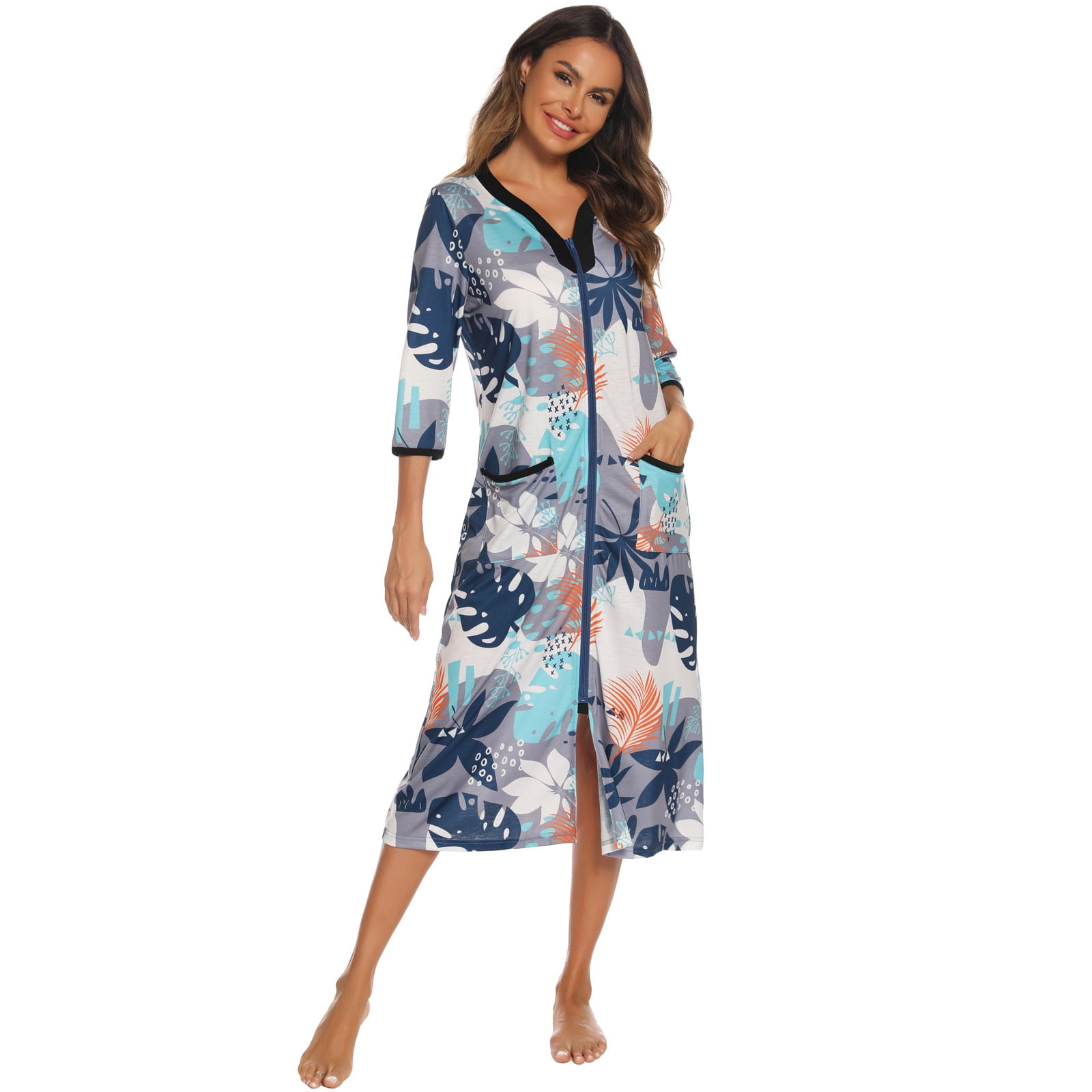 Womens Robes, LOFIR House Dresses for Elderly Women, Summer Robe for Women Lightweight with Pocket, Long Zip Up House Coat 3/4 Sleeve Moomoo Nightgowns Loungewear Gift for Women, Leaves, XL