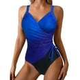 thumbnail image 2 of Women's Drawstring Bodycon Swimsuit Ruched Tummy Color Block Push up Monokini Bathing Suit Blue M, 2 of 5